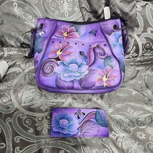 Anuschka Floral And Butterfly Print Purse With Card Pouch And Stud Accent Purple